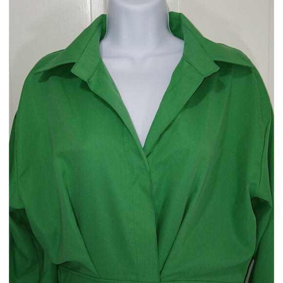 Women's Green Collared Shirt Dress Long Sleeve Midi Pleated Dress By UOOZEE - Picture 5 of 16